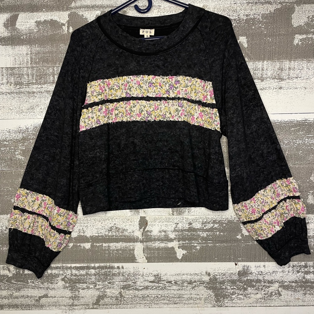 POL Black Long Sleeve Top with Pink Floral Trim